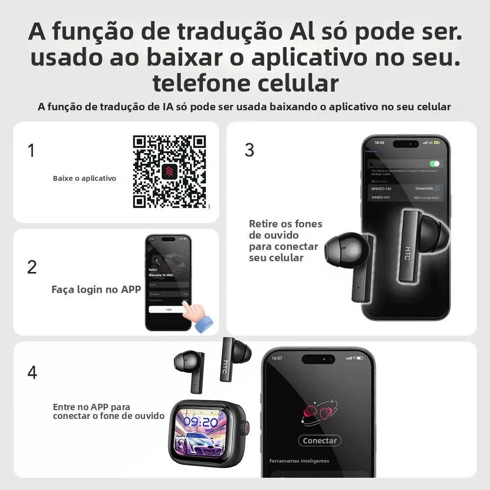 HTC NE40 – Fones Bluetooth Inteligentes com Display Touch e Tradução por IA